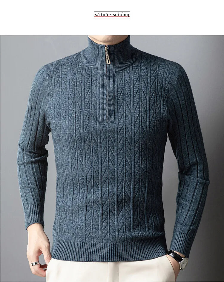 Men's High-Quality Semi-High-Neck, Business Casual Warm Sweater, Stretchy Striped Male Pullover Sizes M-4XL
