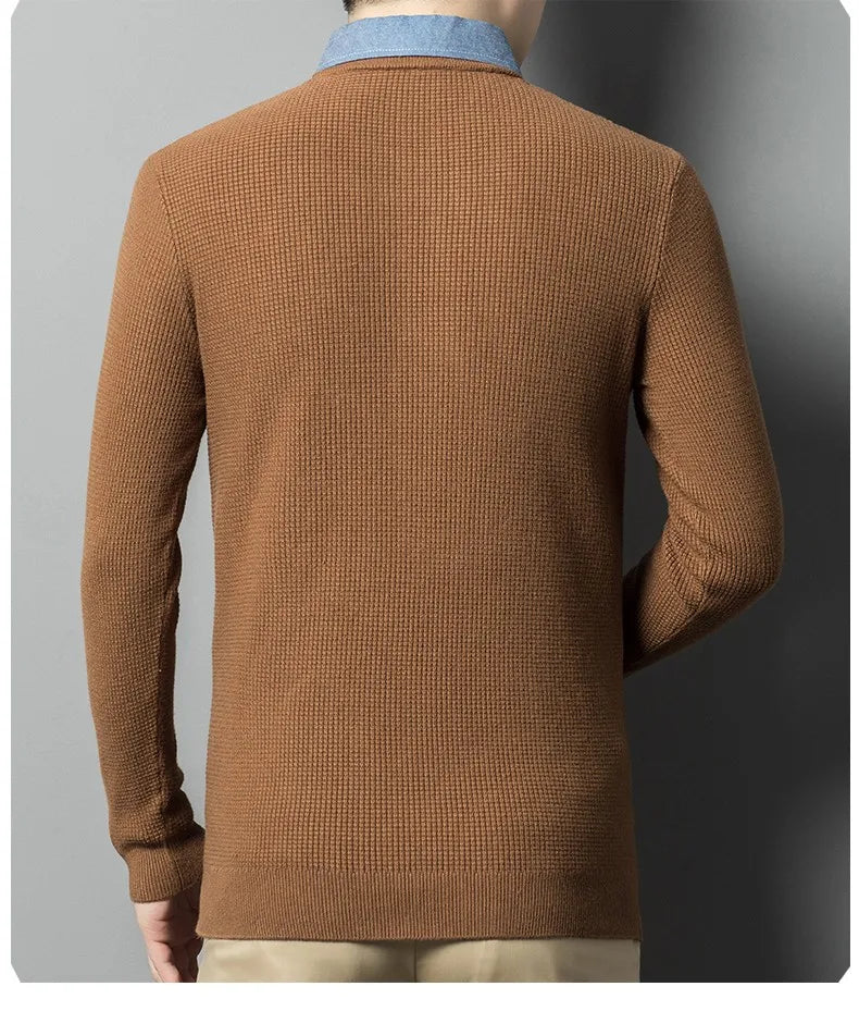 Men's Top Grade Fake Two Collared Fashion, Designer Knitted Pullover Sweater, Casual Brand Slim Fit Male Jumpers