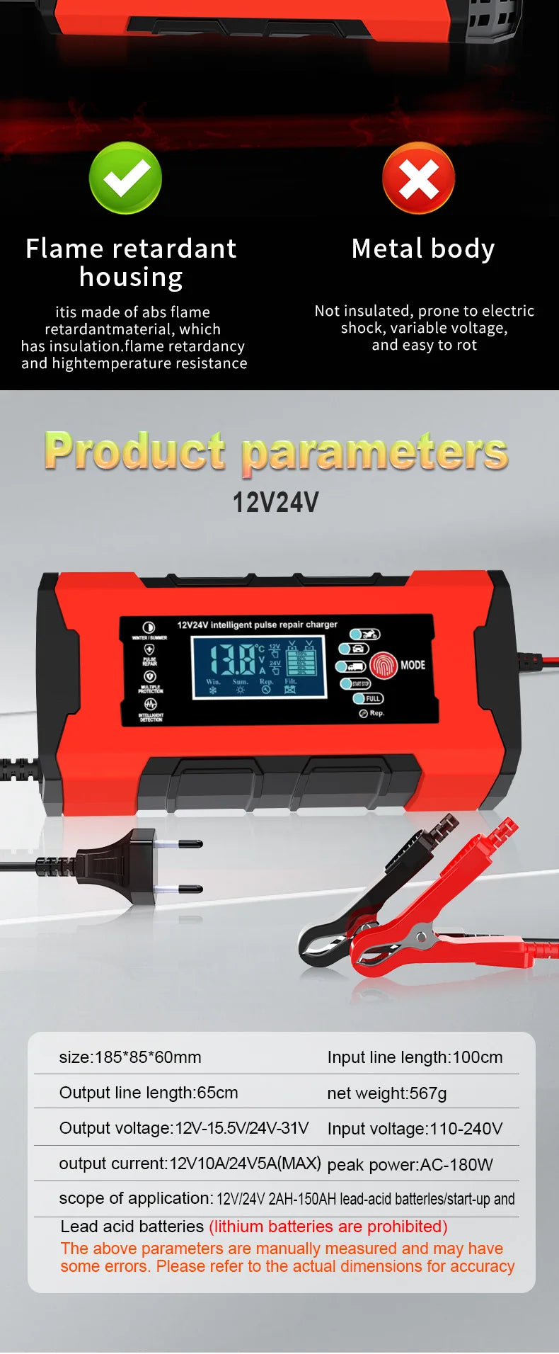 24V 5A 12V 10A Battery Charger Smart Fast Charging for Car Batteries 7-Stage Charge Pulse Repair for AGM GEL WET Lead Acid