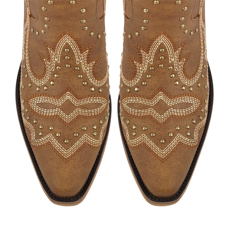 Women Pointed Toe Mid Calf Pull-on Knee High Cowgirl Boots Comfy Chunky Heel Western Boots