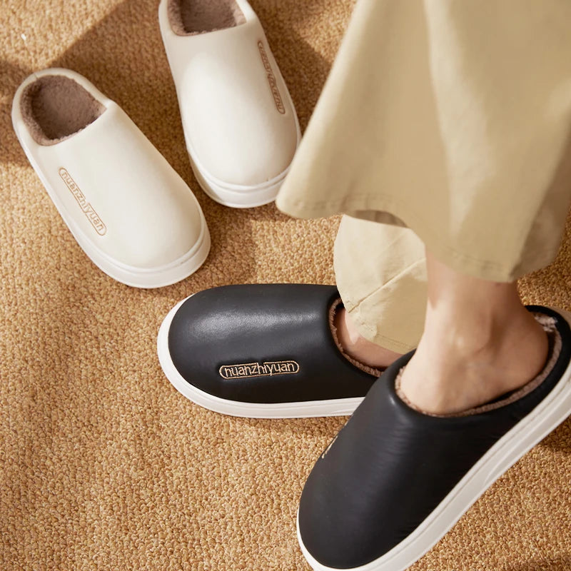 Unisex Anti-slip Waterproof Winter Cotton Slippers Women Men Home Indoor Warm House Shoes Couple Soft Flat PVC Sole Footwear