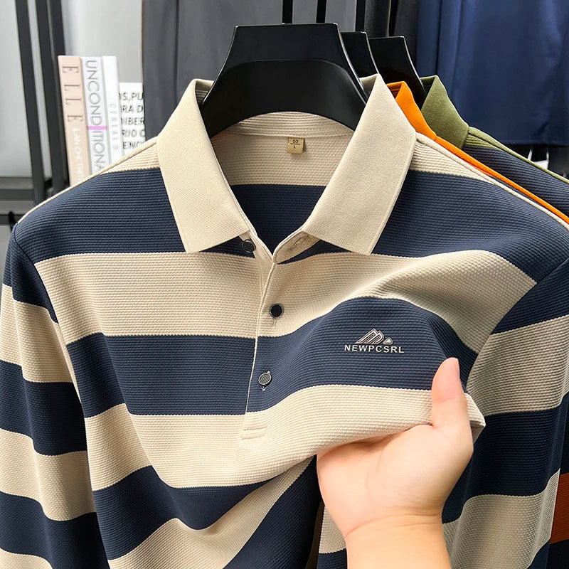 Men's Autumn Long Sleeve Polo Shirt Colourful Striped, Stretchy Double-sided Pique Knit Fabric