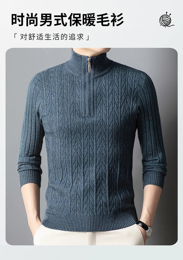 Men's High-Quality Semi-High-Neck, Business Casual Warm Sweater, Stretchy Striped Male Pullover Sizes M-4XL