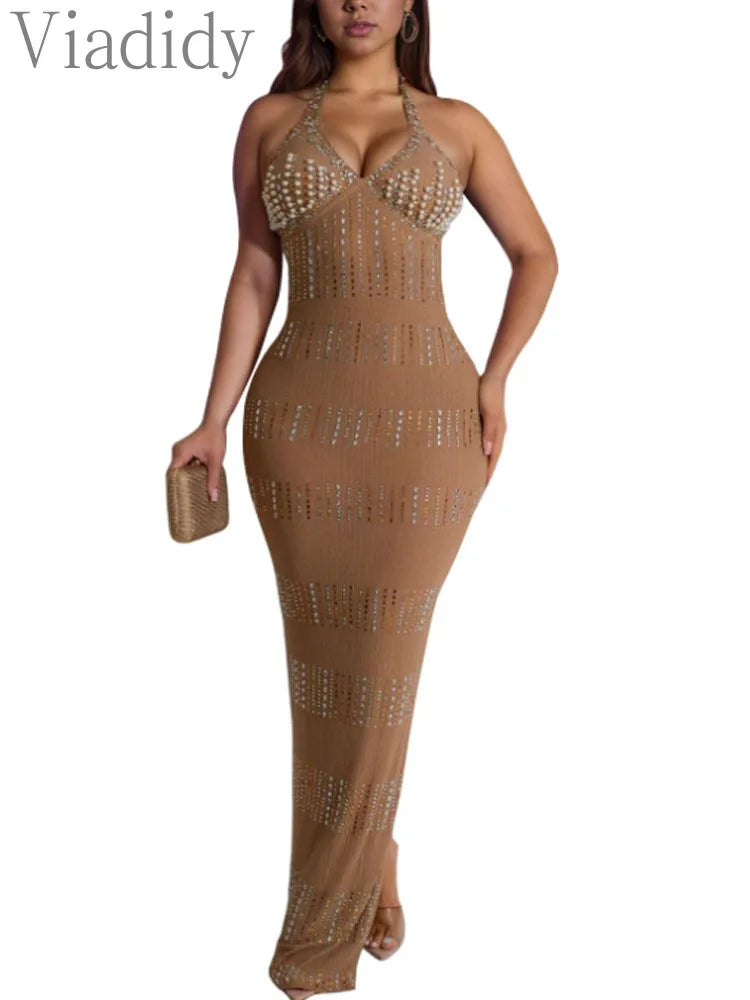 Women's Sexy Halter Sleeveless Backless Embroidered Flares Rhinestone Decor Floor-length Party Dress
