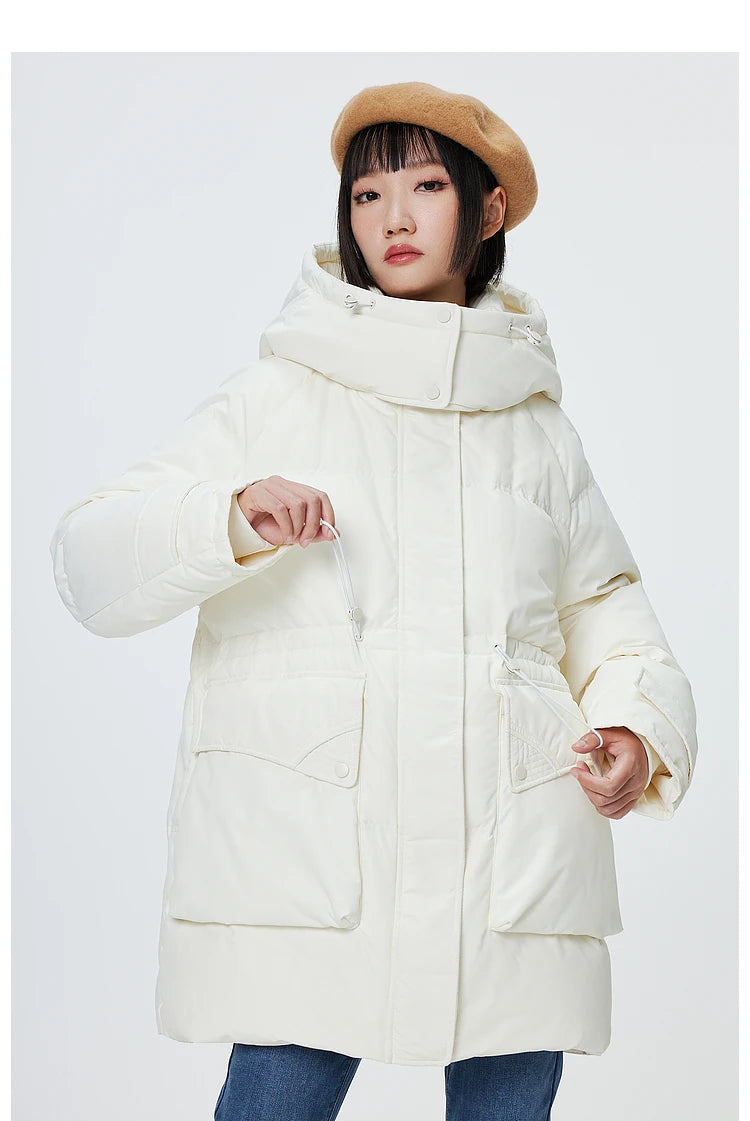 Women's Winter Warm Oversized Long Hooded Down Jacket, Adjustable Pig Nose, Buckle Waist Belt Utility Duck Down Parka For Ladies