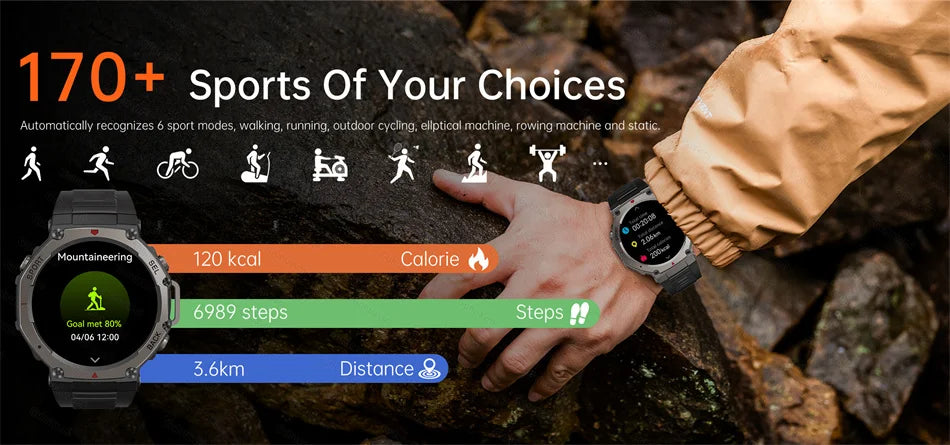 2025 New Outdoor Military Smart Watch Men GPS Track Waterproof Swim Health Monitor Compass GPS Sport Fitness Smart Watch Bracelet