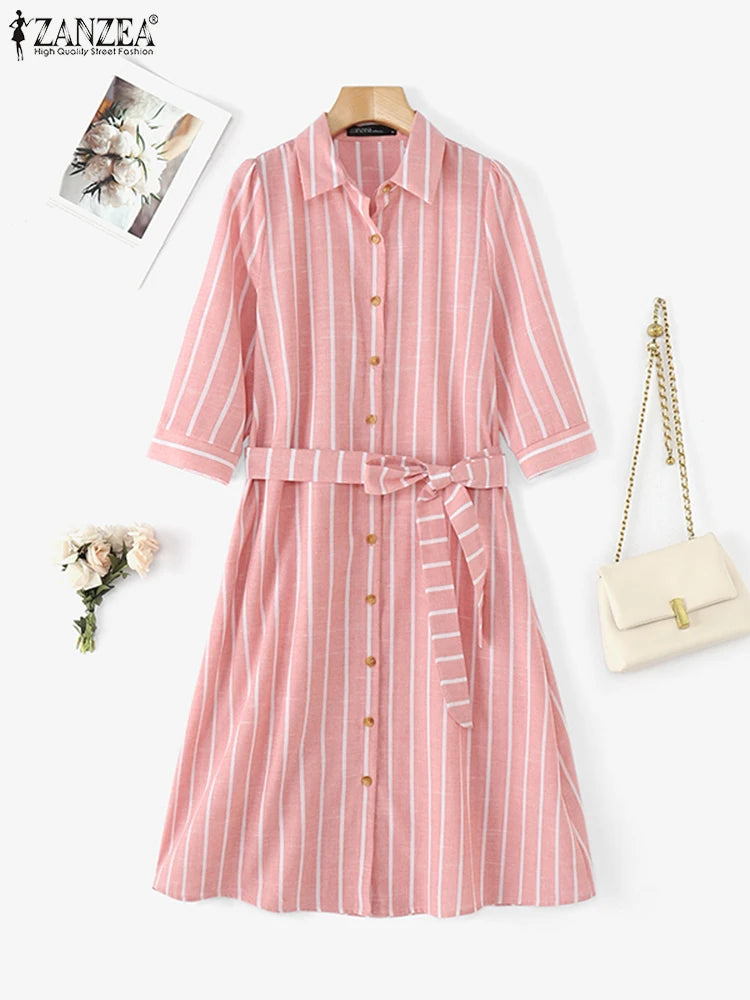 Women Striped Shirt Dress Elegant Lapel Neck 3/4 Sleeve A-line Midi Dresses 2025 Summer Tie-Waist Robes Femme Vestidos