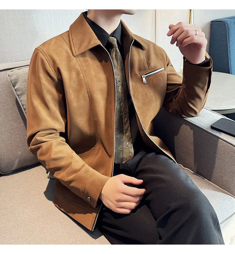 Men's Suede Casual Jacket, Lapel Fashionable Jacket, High-Grade Zipper Decorations, Business Casual Warm Male Coat