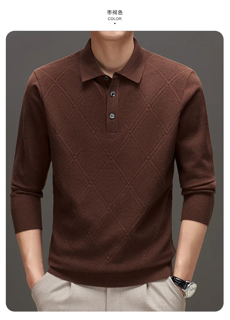Men's Solid Colour Geometric Pattern Warm Polo, High Quality Woollen Sweater, Suitable For Business Casual & Daily Commute