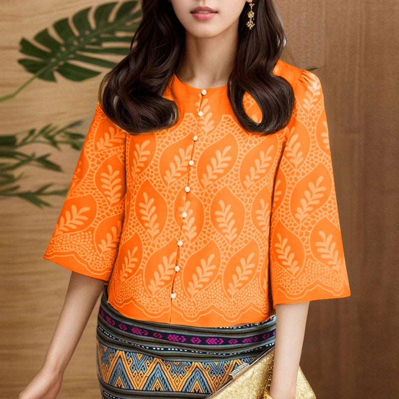 Casual Printing Shirts Women 2025 Autumn Elegant O-Neck Three Quarter Sleeve Button Up Chemises Femme Everyday Wear Tops