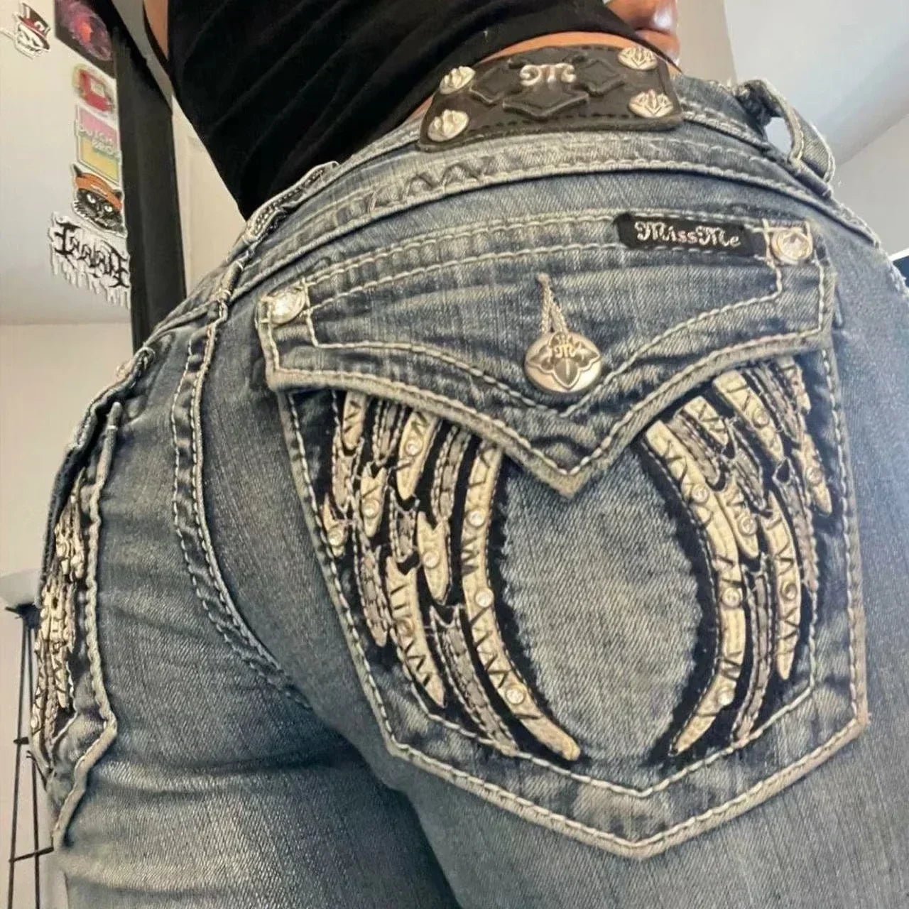 Women's Gothic Jeans Y2K Clothes Harajuku Hip Hop Pocket Embroidery Vintage Dark Blue Baggy Jeans High Waist Slim Flared Trousers