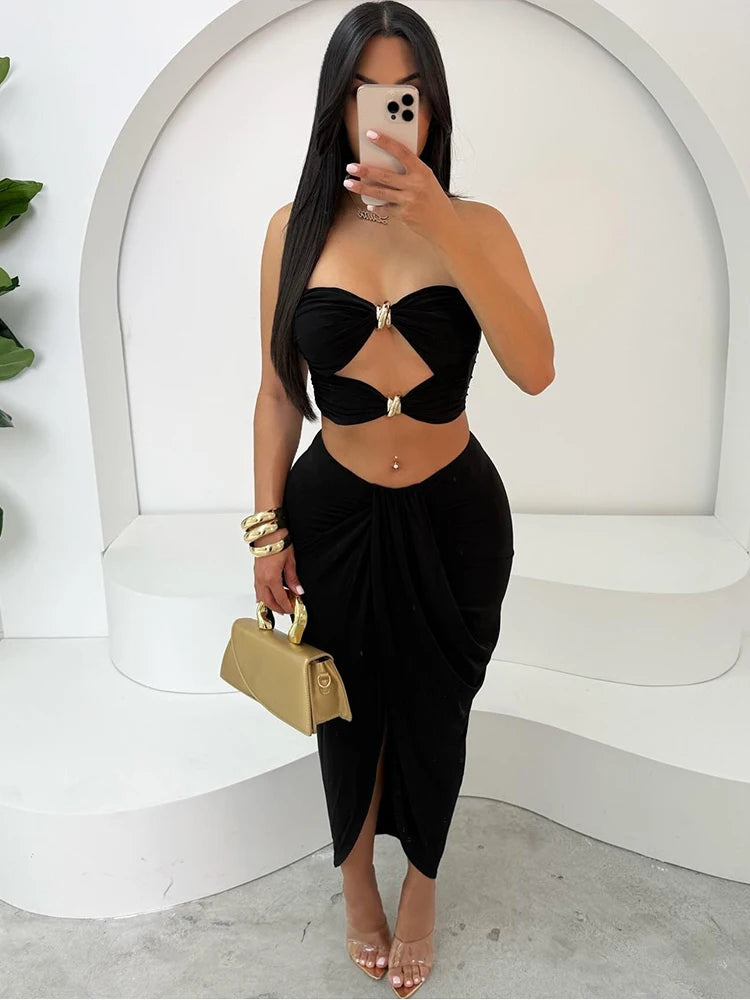 Metal Buckle Hollow 2 Piece Set Women Y2K Solid Ruche Tube Tops + Irregular Split Maxi Skirt Matching Clubwear Outfits