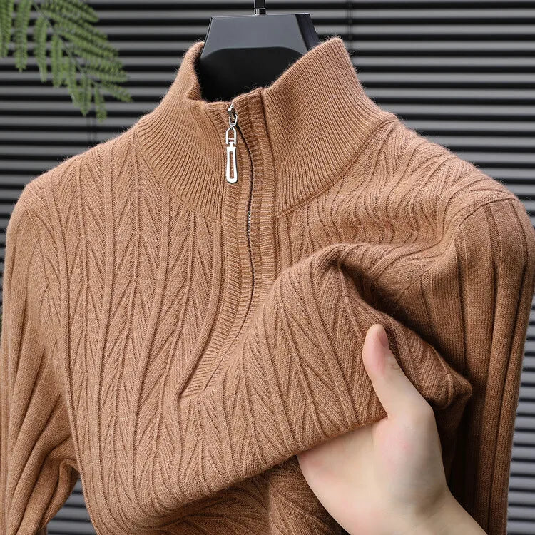 Men's High-Quality Semi-High-Neck, Business Casual Warm Sweater, Stretchy Striped Male Pullover Sizes M-4XL