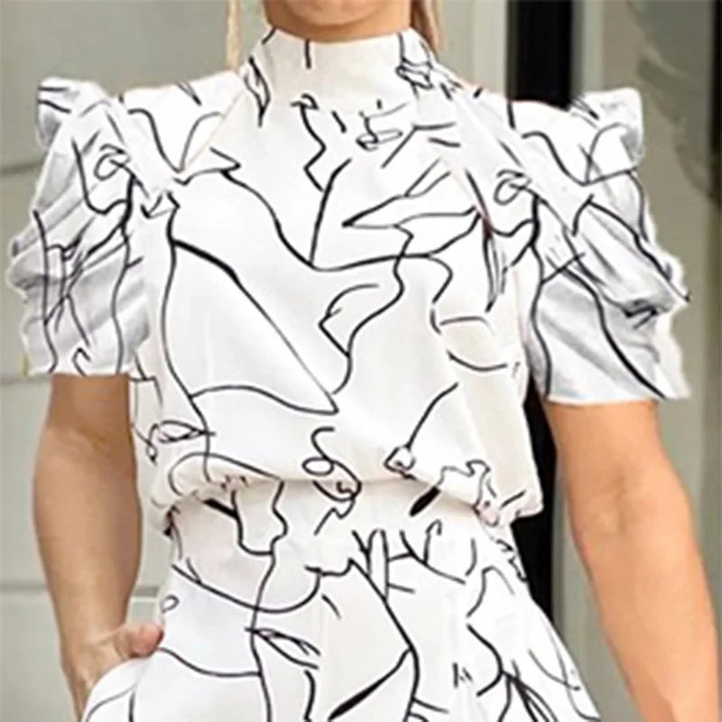 Women Jumpsuit Loose Fashion Elegant Long Pants Short Sleeve Halterneck Art Print Sets High Streetwear
