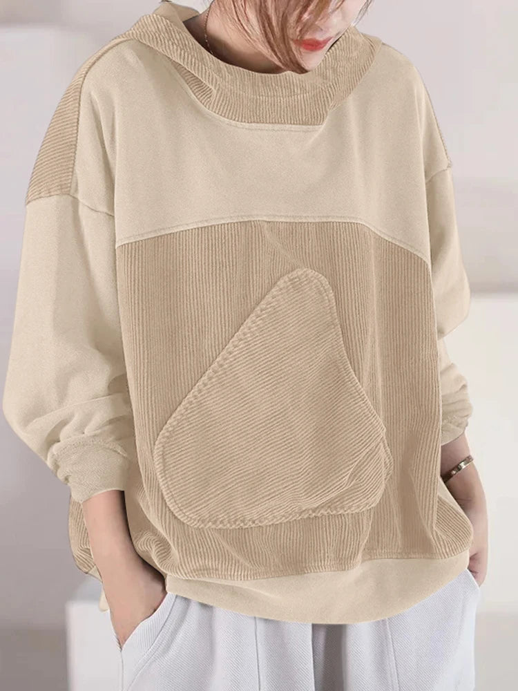 Women Patchwork Corduroy Hoodies Loose Casual Irregular Pocket Hooded Sweatshirts 2024 Fall Colour Block Long Sleeve Tops