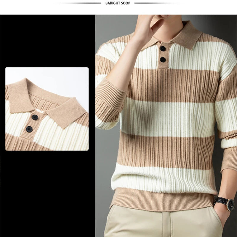 Men's Polo Shirt Luxury Pullover Sweater Fashion Thick Warm Sweater Striped Casual T-shirt, Male Top Loose Knitwear