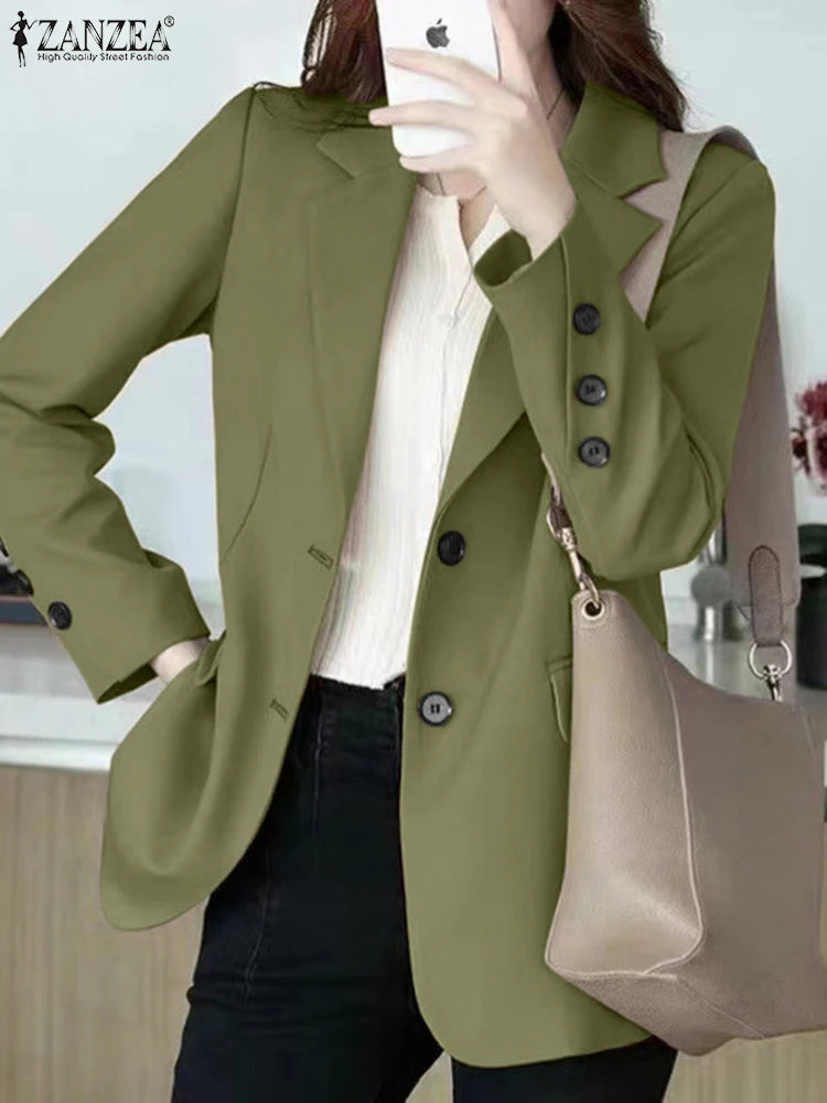 Women's Casual Blazer Elegant Office Lady Long Sleeve Lapel Neck Suit Jackets 2025 Korean Fashion Solid Commute Outerwear