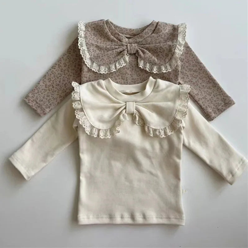 Herfst Baby Kant Bottoming Shirt Peuter Schattig Bloem Strik Kraag Basis Shirt Baby Dunne Lange Mouwen Meisjes Tops 1-3Y Meisjes