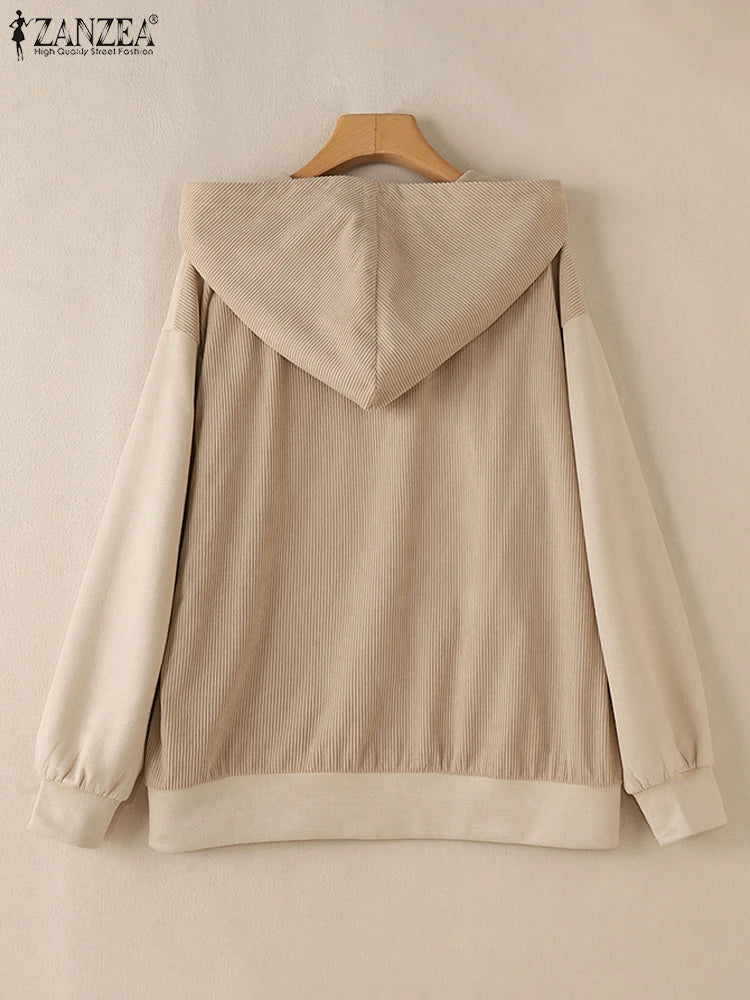 Women Patchwork Corduroy Hoodies Loose Casual Irregular Pocket Hooded Sweatshirts 2024 Fall Colour Block Long Sleeve Tops