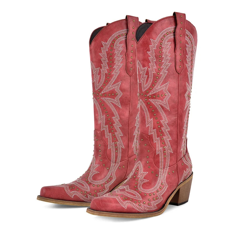 Women Pointed Toe Mid Calf Pull-on Knee High Cowgirl Boots Comfy Chunky Heel Western Boots