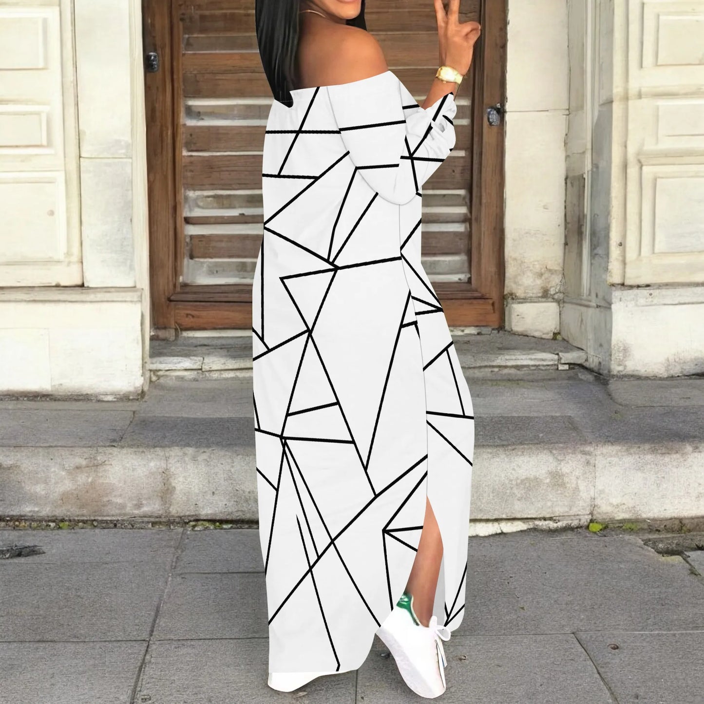 Off Shoulder Long Sleeve Maxi Dress for Women Geometric Line Print Chic Casual Slim Fit Dress
