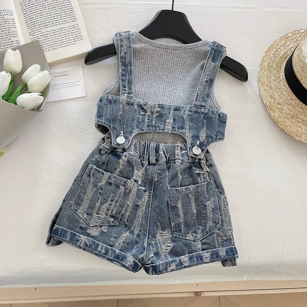 New Summer Girls Clothes 3PCS Set Kids Grey Pit Strip Vest + Ripped Denim Suit Children Fashion Outfit 4-6Y Unisex