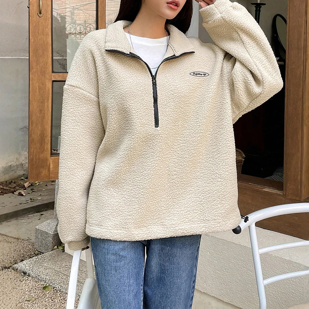 Autumn Winter Hoodies 2025 Women's Comfy Solid Colour Long Sleeve Zipper Half Open Collar Loose Fit Casual Hoodies