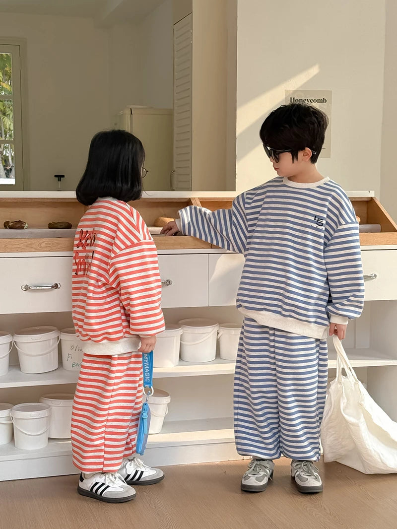 Spring Children's Clothes Boys' Tracksuit Kid's O-Neck Hoodie Set Girls' Korea Striped Letter Printed Sweatshirt 2Pcs Suit 4-6Y Unisex