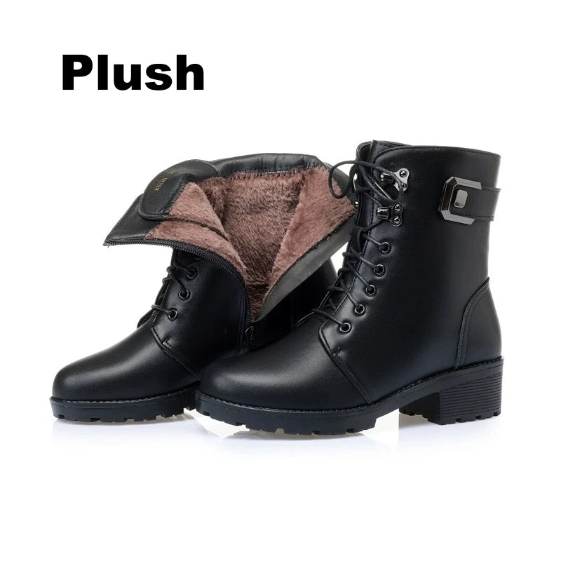 Female Ladies Women Genuine Leather Ankle Boots Platform Winter Autumn Plush Fur Warm Shoes Plus Size Lace Up 35-43
