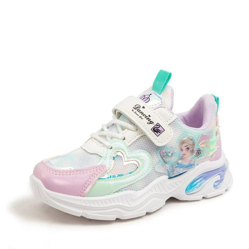Girls' Casual Shoes Frozen Princess Elsa Sneakers Mesh Leather White Breathable Sole Children's Sport Shoes Size 26-37