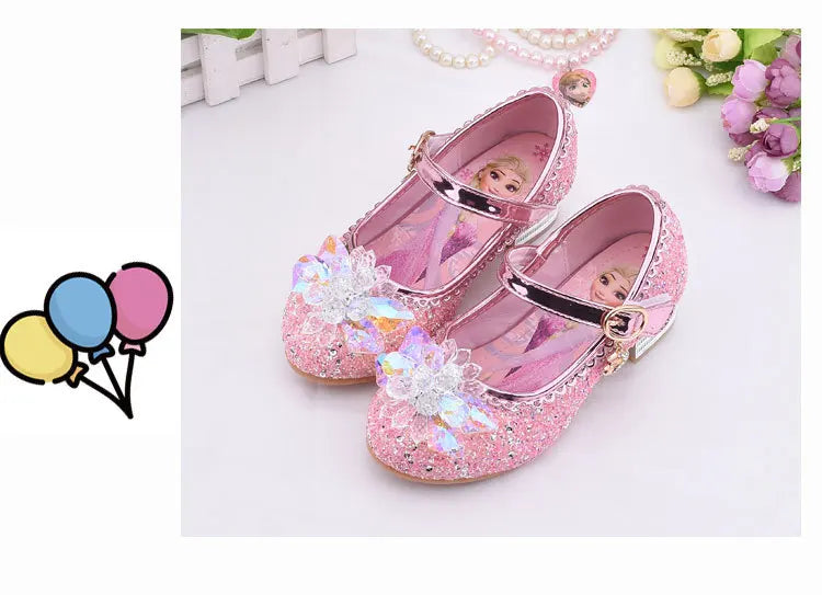 Frozen Elsa Princess Girls Leather Crystal Shoes Glitter Casual High Heels Girls Sandals Pink Blue Silver Elsa Shoes