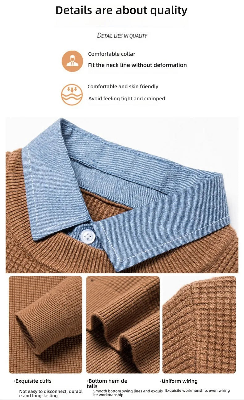 Men's Top Grade Fake Two Collared Fashion, Designer Knitted Pullover Sweater, Casual Brand Slim Fit Male Jumpers