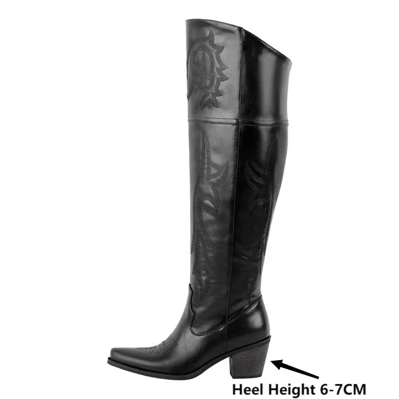 Winter Women Black Brown Knee High Boots Pointed Toe Chunky Pull On Embroidered Thick Heels Boots Zipper Large Size