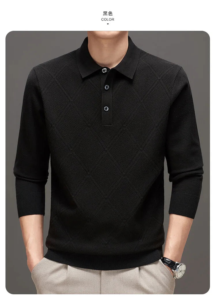 Men's Solid Colour Geometric Pattern Warm Polo, High Quality Woollen Sweater, Suitable For Business Casual & Daily Commute