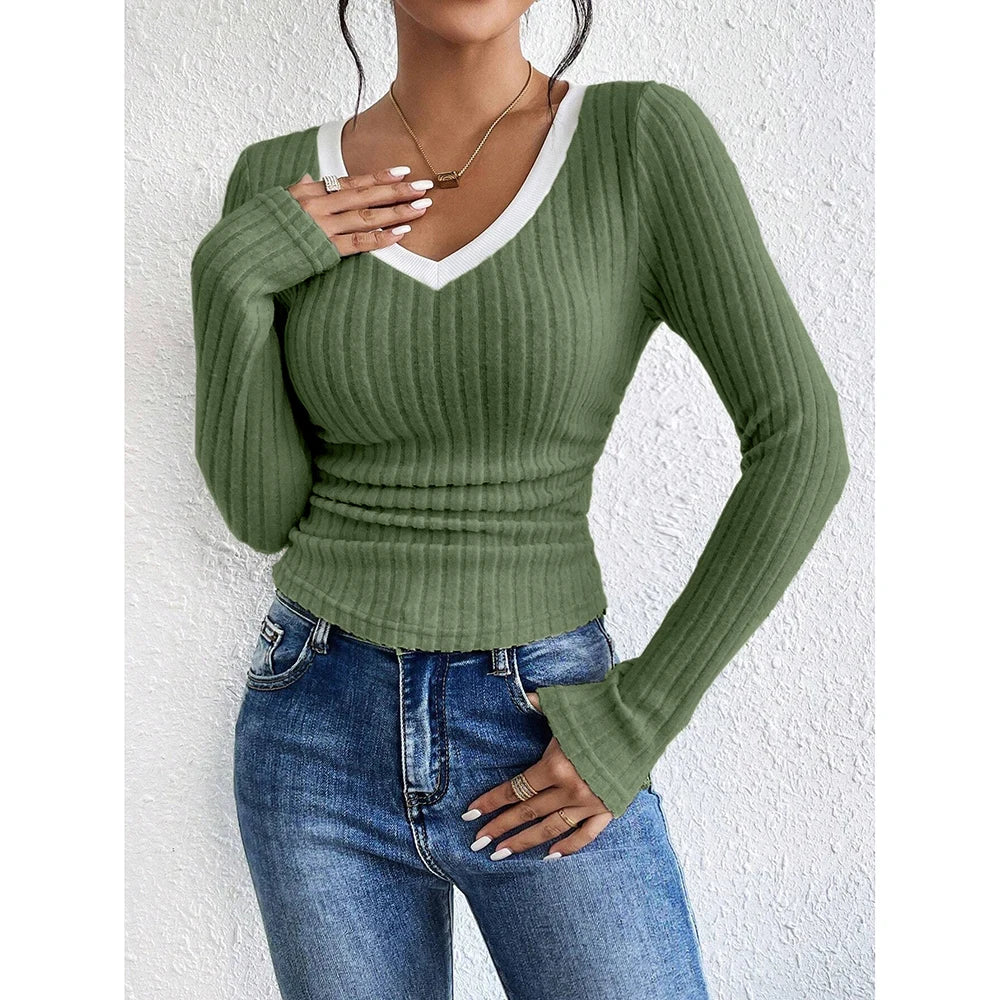 Women's T-Shirts Autumn Winter Fashion Contrast Colour Long Sleeve V-Neck Fashion T-Shirts