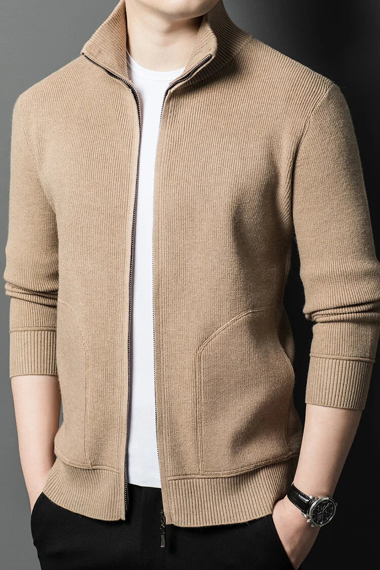 Men's Solid Colour Autumn Long-Sleeved Stretch Warm Cardigan, Daily Jacket Sizes M-4XL