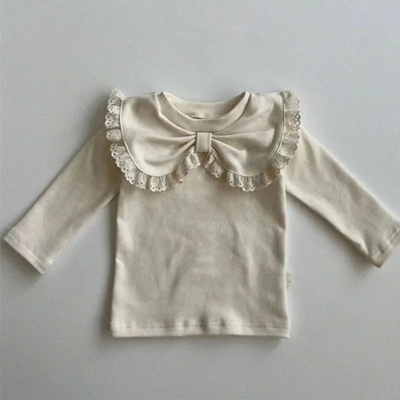 Herfst Baby Kant Bottoming Shirt Peuter Schattig Bloem Strik Kraag Basis Shirt Baby Dunne Lange Mouwen Meisjes Tops 1-3Y Meisjes
