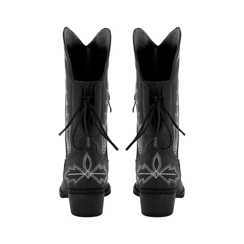 Women Pointed Toe Black Embroidery Western Boots Tapered Heel Round Up Mid-Calf Western Cowgirl Boots