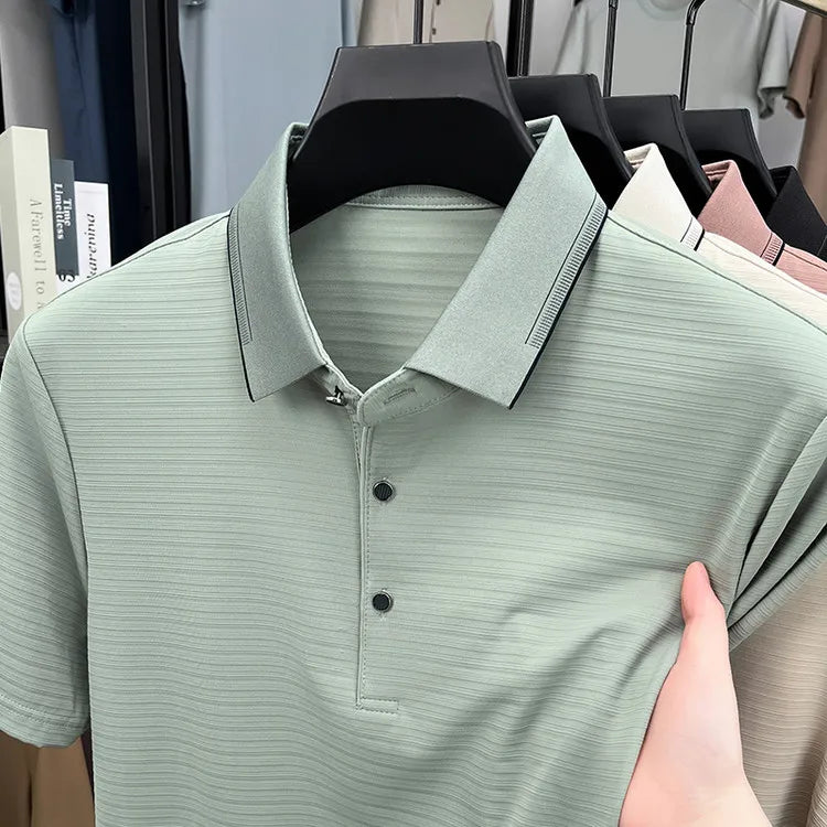 Men's Short-Sleeved T-Shirt, Subtle Striped Texture, Classic Collar Design With Button Details - Soft and Breathable Fabric Polo