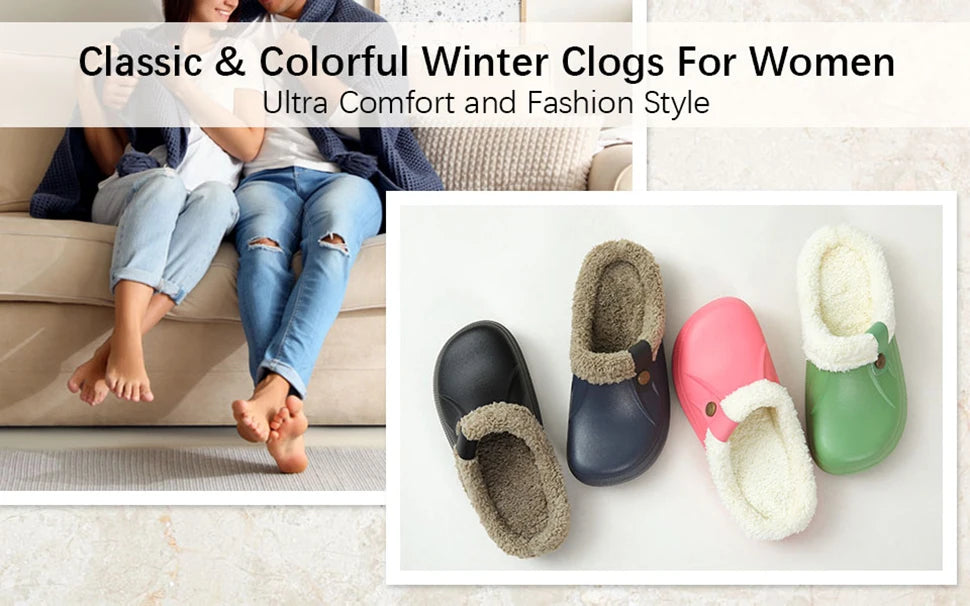 Unisex Plush Garden Winter Slippers Fur Clogs Slippers Non-Slips Cosy Fuzzy Home Slides With Soft Furry Waterproof For Men & Women