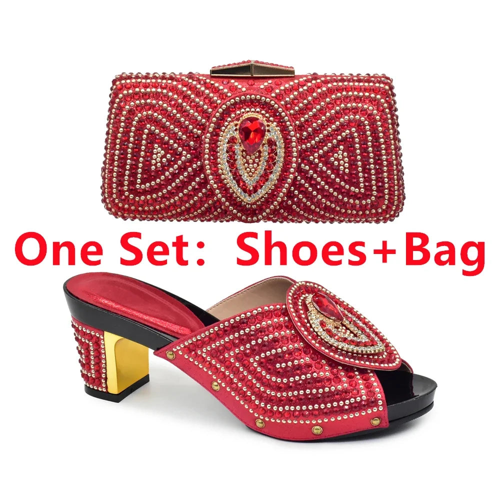 Italian Shoes with Matching Bags with Rhinestone Luxury Crystal Shoe Women Designers Nigerian Women Party Pumps with Purse
