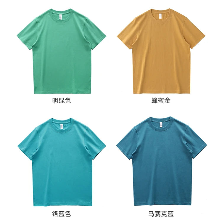 2025 Summer New American Retro 245G Short Sleeve O-neck Solid Color T-shirt Men's Fashion Simple 100% Cotton Washed Casual Tops