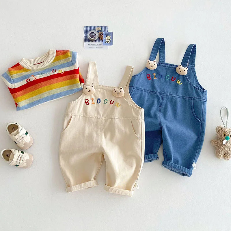 New Spring Kids Overall Children Cute Embroidered Letter Jeans Girls Boys Sweet Loose Casual Pants 0-5T Unisex