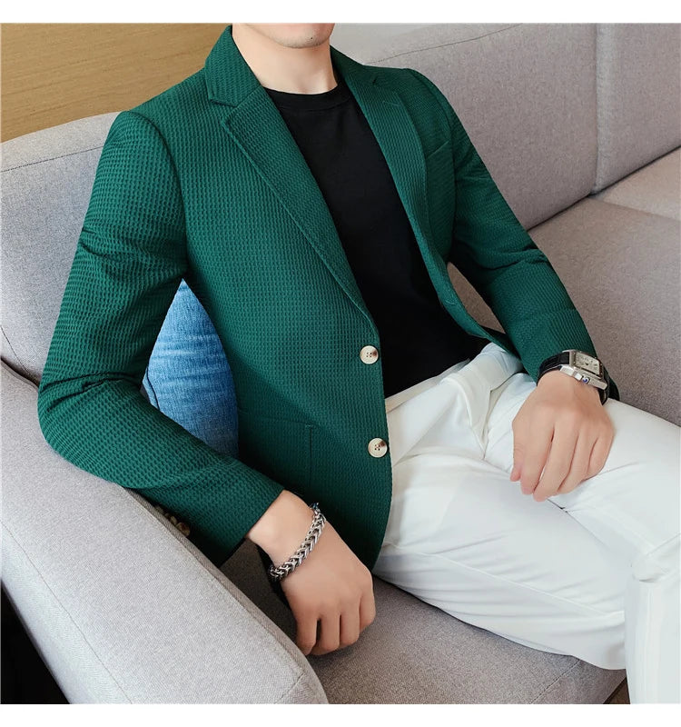 Men’s Waffle Plaid Blazer Coat, Hounds-Tooth Pattern, Wool-Blend Overcoat for Autumn & Winter - Lightweight, Stretchable