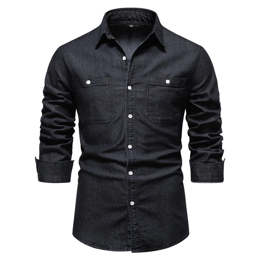 Men's Autumn Cotton Denim Shirt Solid Colour Single Pocket Casual Long Sleeve Jeans Shirt for Men