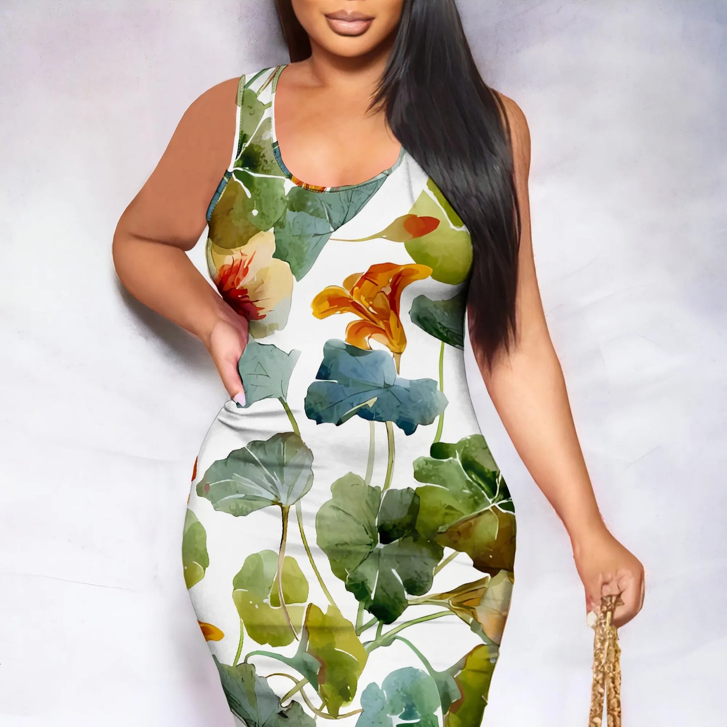 Botanical Floral Print Sleeveless Bodycon Midi Dress Summer Slim Fit Tank Dress Casual Vacation Style for Women