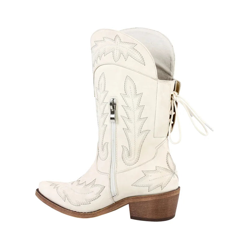 Women Pointed Toe Black Embroidery Western Boots Tapered Heel Round Up Mid-Calf Western Cowgirl Boots
