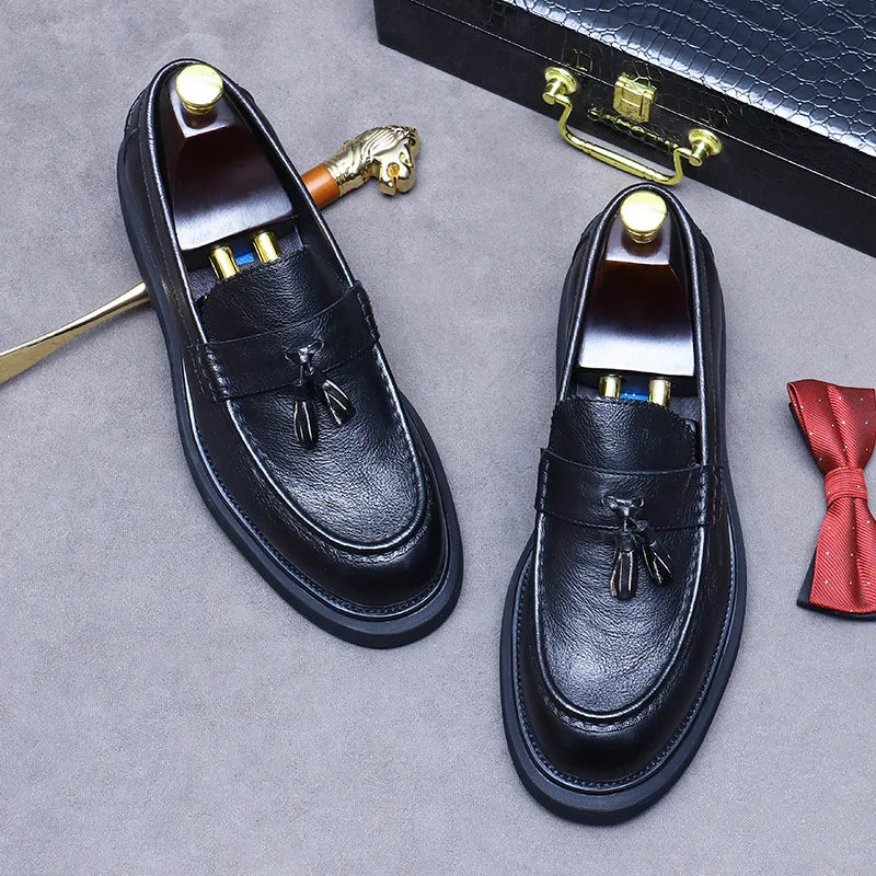 YETTIES Soft Leather Elegant Mens Dress Loafers Shoes Luxury Genuine Leather Tassel Thick Soled Wedding Social Formal Shoes