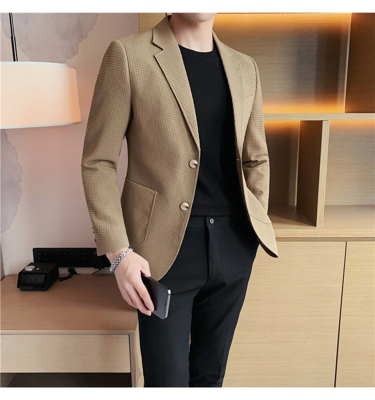 Men’s Waffle Plaid Blazer Coat, Hounds-Tooth Pattern, Wool-Blend Overcoat for Autumn & Winter - Lightweight, Stretchable