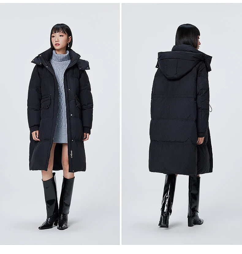 Women's Stand Collar Hooded Long Down Jacket, Waist Adjustable Belted Solid Colour, Thick Puffer Coat Fashionable Korean Style For Ladies